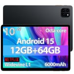 Android Tablet, 10 inch Android 15 Tablet, Octa-core CPU, 2 Years Protection, RAM 12GB, ROM 64GB (Up to 2 TB), 800x1280 Resolution, WiFi 6 & Bluetooth 5.4, Dual Cameras, Dual Speakers, 6000mAh, Black